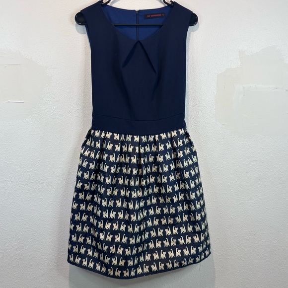 Sm Wardrobe Dresses & Skirts - Navy Blue Fitted Dress Cat Novelty Print Size XL Zip Tie Back Retro